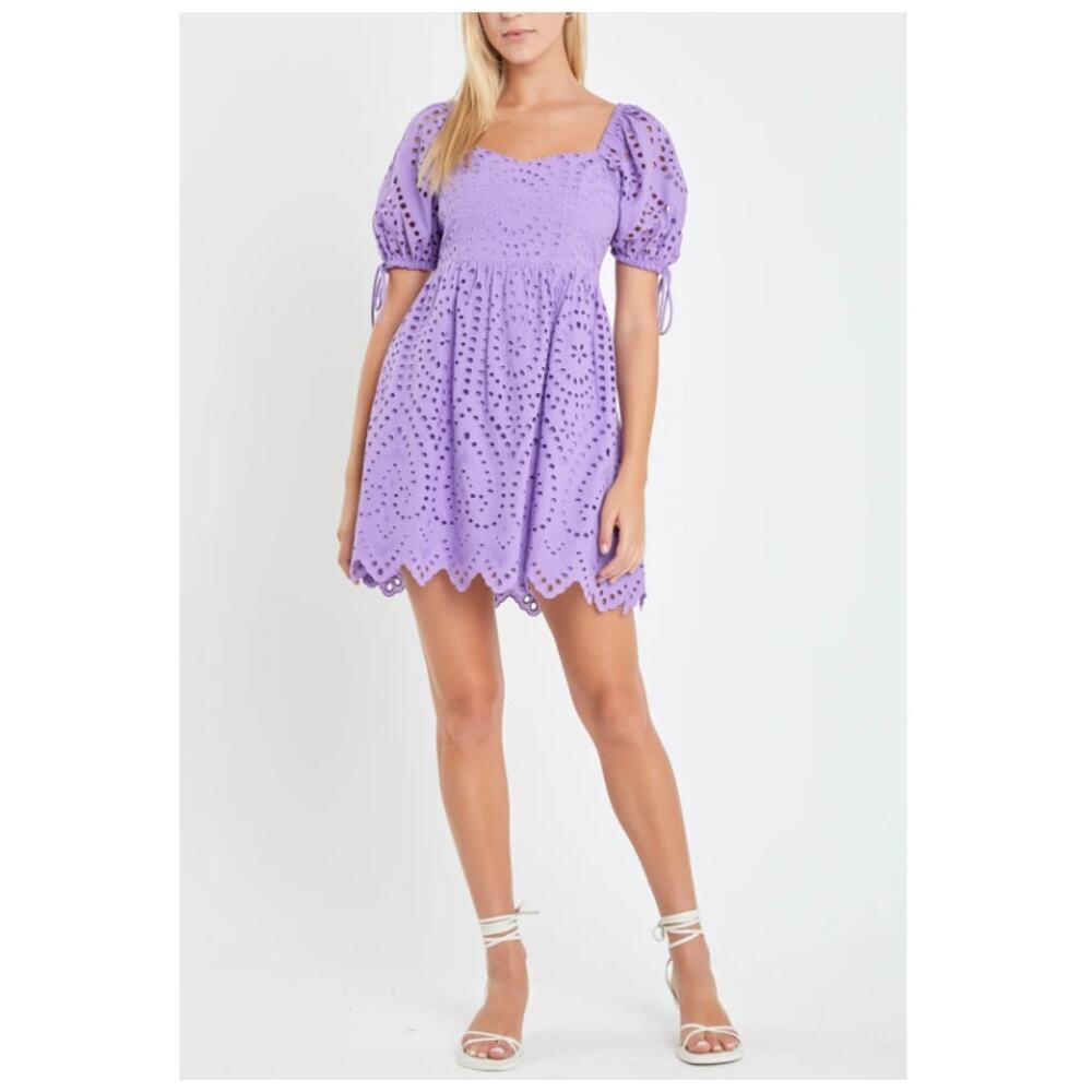 English Factory Women's Purple Eyelet Scallop Edge Mini Dress Size M